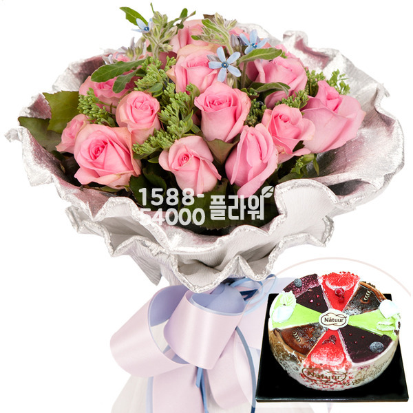 핑크장미다발 + 케익